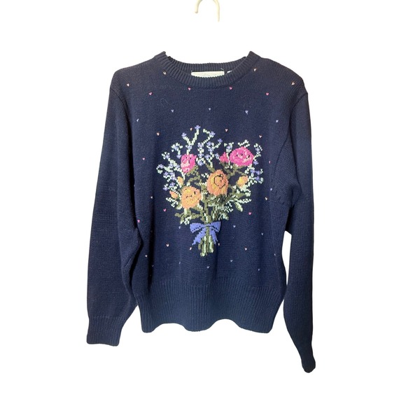 Bramble Lane Sweaters - Bramble Lane Vintage Navy Flower Bouquet‎ Polka Dots 90s Grandmacore Sweater